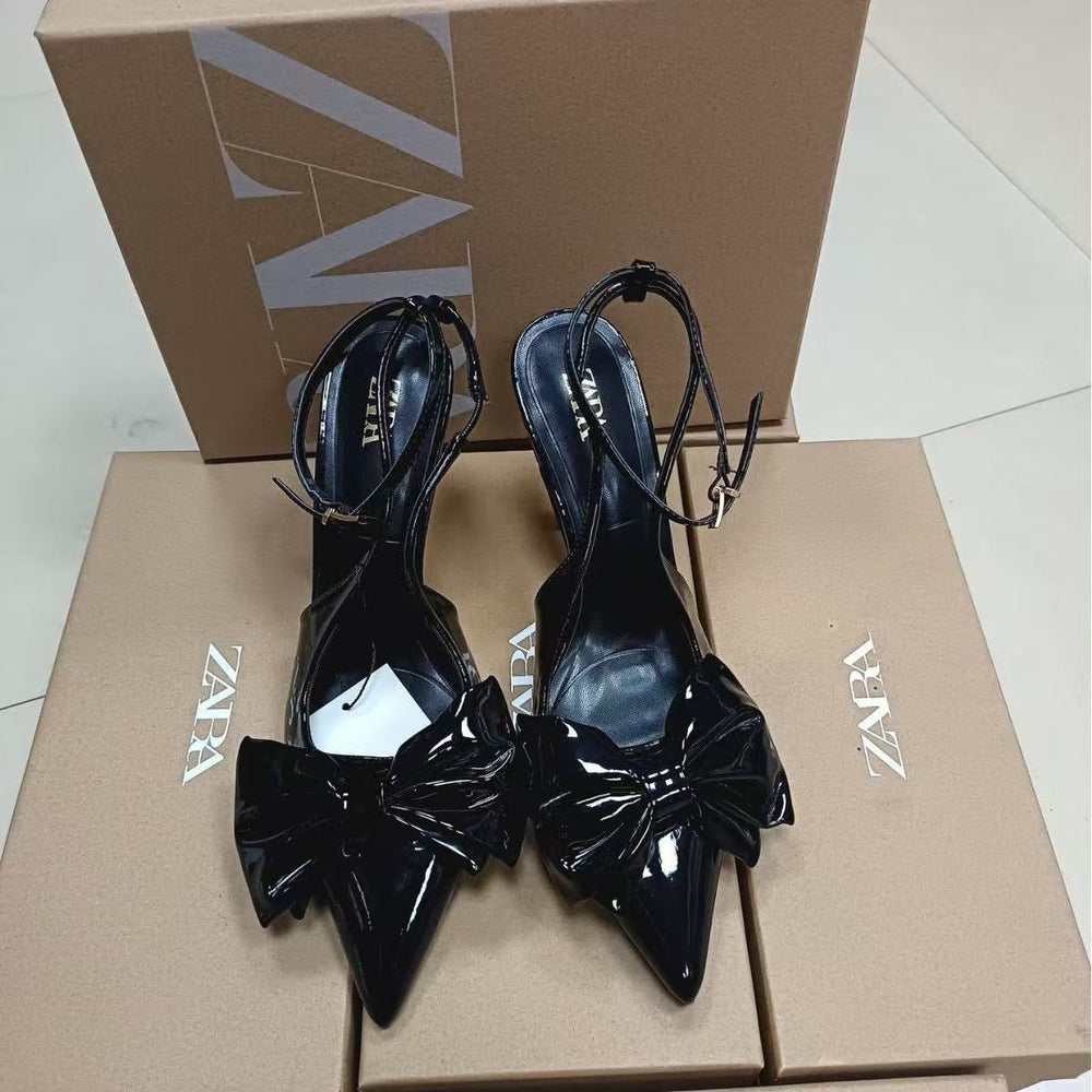 Za2024autumnew arrival red bow decorated high heels women's french pointed toe hollow back mixed strap stiletto sandals