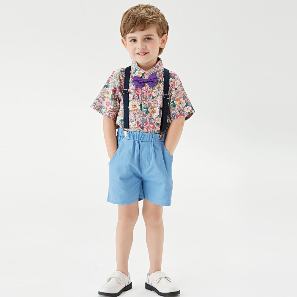European and american style boys' summer new print short-sleeve shirt and suspender shorts kids' fashion suit two-piece set