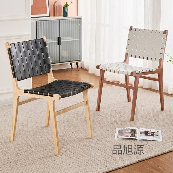 Nordic solid wood saddle leather dining chair Japanese home retro rattan chair coffee shop designer back chair stool