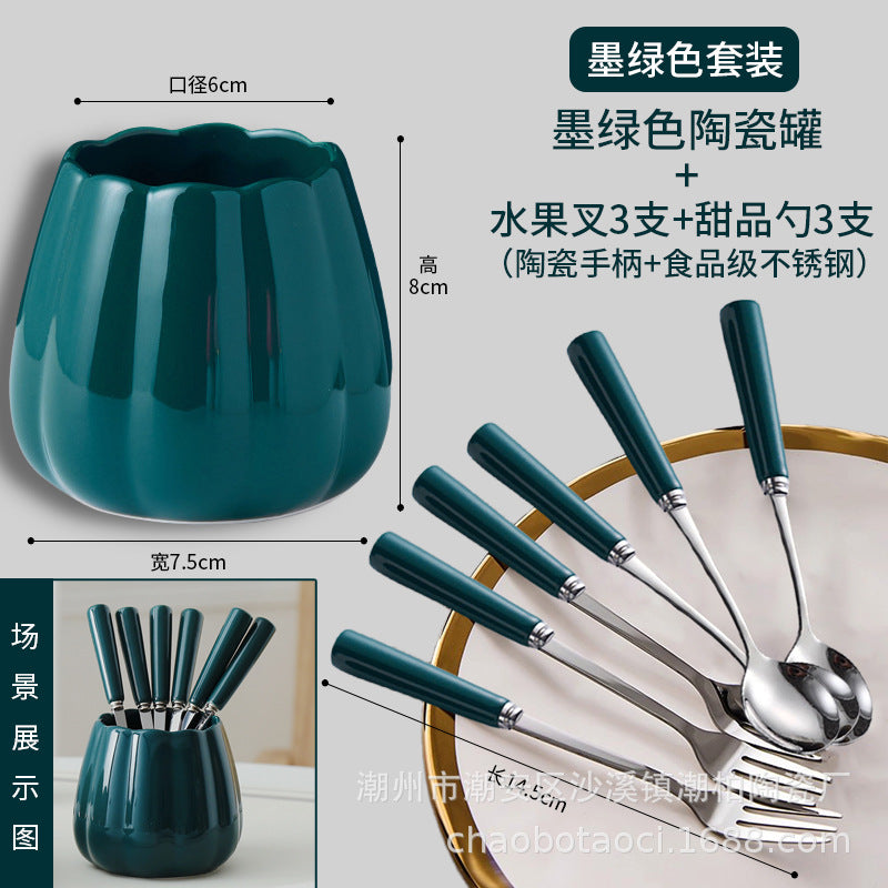 Stainless steel fruit fork set with premium ceramic storage jar, fruit picks, home watermelon forks, and stylish spoons