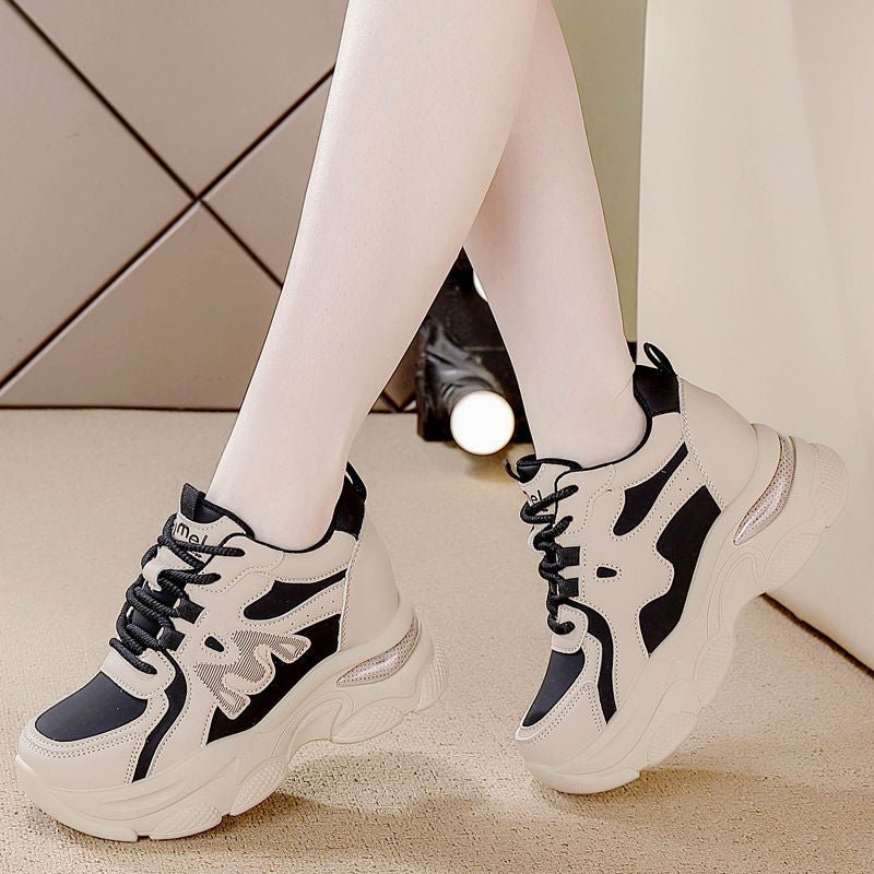 Women's shoes 2025 heightened new spring and autumn versatile little white shoes soft leather heightened sports platform casual dad shoes women