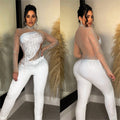 C6226 cross-border   fashion women's solid color mesh rhinestone long sleeve pants jumpsuit