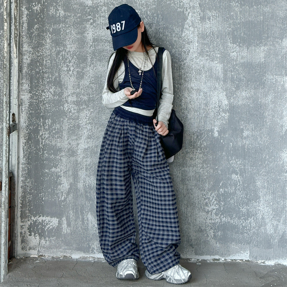 Girls' spring/autumn plaid wide-leg pants,  new autumn casual straight-leg scimitar pants for children, mid-to-large size kids' trousers