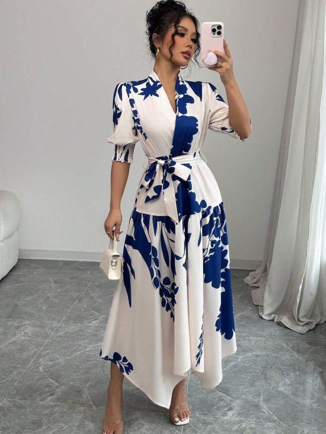 european and american style printed v-neck women's dress - new arrival