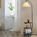 Cream style with shelves, multi-layer solid wood side table, storage floor lamp, pleated lampshade next to the sofa, reading atmosphere lamp