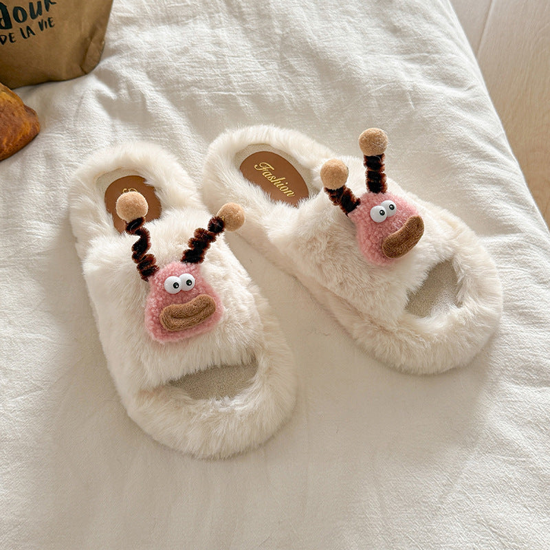 Antenna twist stick cute furry slippers for women fall and winternew arrivaloutwearstuffed velvet non-slipheattech home couple cotton slippers