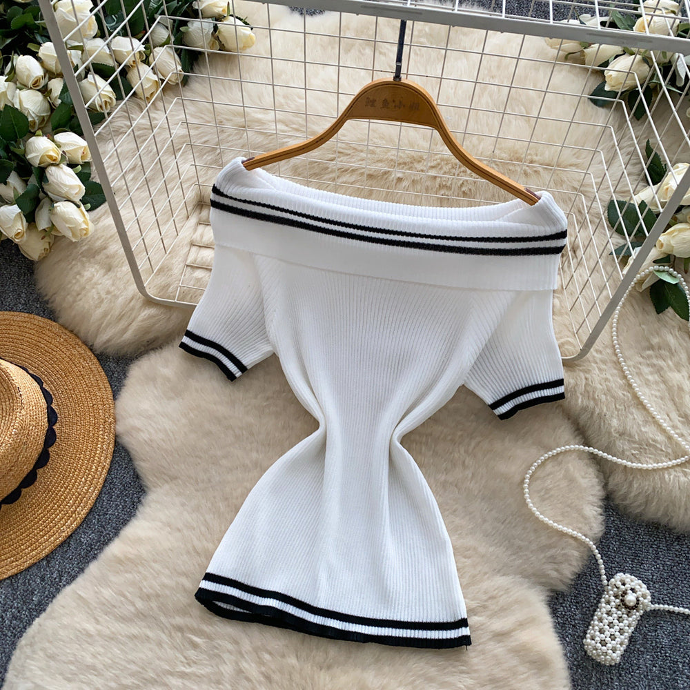 Korean style off-the-shoulder striped knit top - women's summer slim fit white short sleeve top -  new arrival base layer