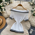 Korean style off-the-shoulder striped knit top - women's summer slim fit white short sleeve top -  new arrival base layer