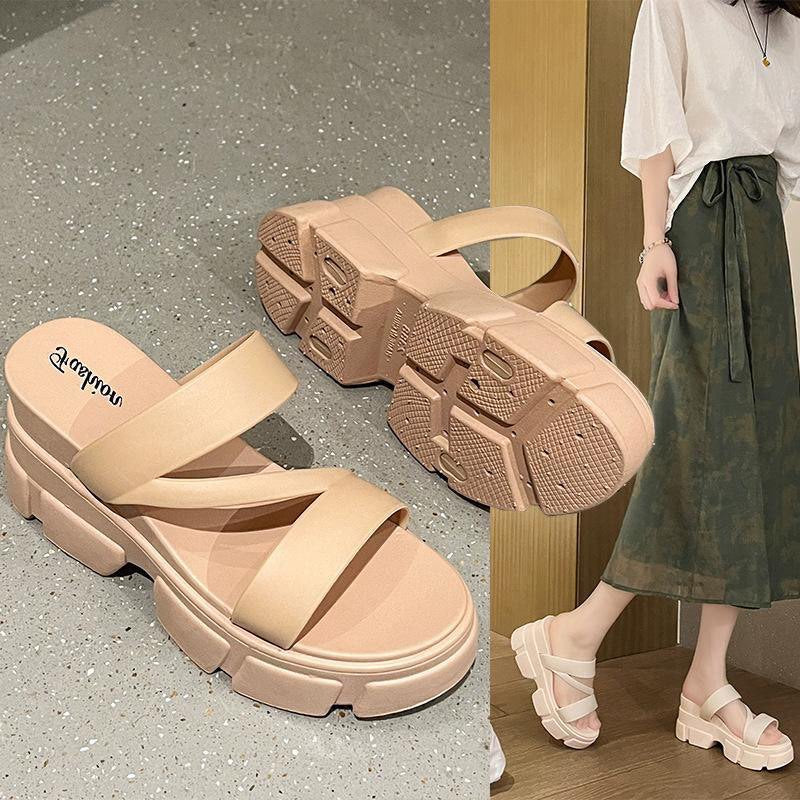 2026 summer women's high-heeled sandals & slides - chunky platform, slip-on, fashionable, versatile, height-boosting thong sandals