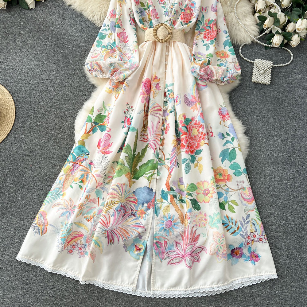 French court style women's sweet lace trim v-neck button-down slim fit long printed dress with unique design