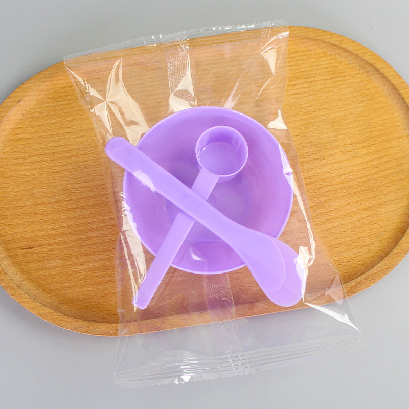Individually packaged beauty mask bowl set - 3-piece spa tool kit: plastic bowl, mixing spatula, and measuring spoon with graduated markings