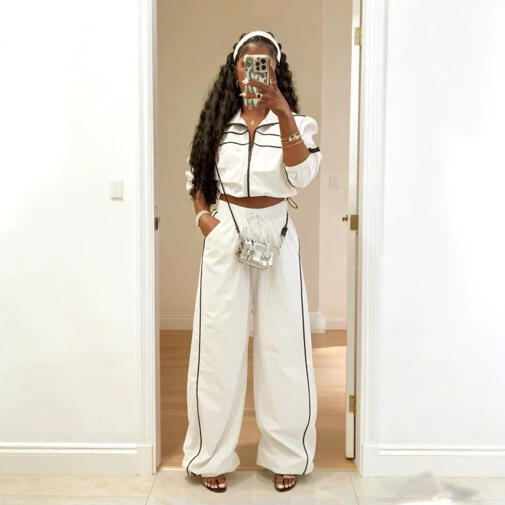 713 women's pant suit: fashionable sporty style zipper drawstring hem jacket + pocket wide-leg pants