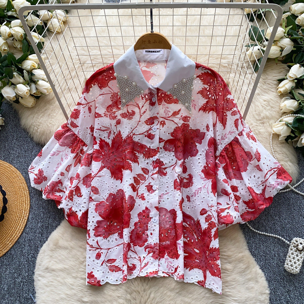 Vacation style heavy industry diamond-encrusted doll collar lantern sleeve printingshirt women's summer short-sleeved looseslimming lookcardigantops