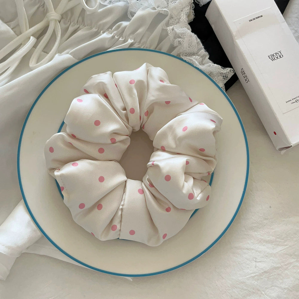 Cream satin scrunchie hair tie - soft, padded, polka dot pillow hair band - sleep hair tie - elastic hair rope