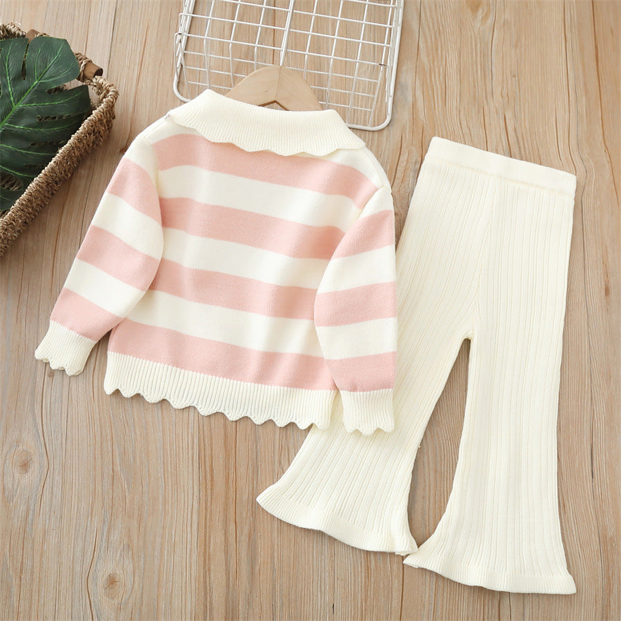 Dropshipping girls' knitted sweater two-piece set -  autumn/winter new collection - baby girl striped pants outfit