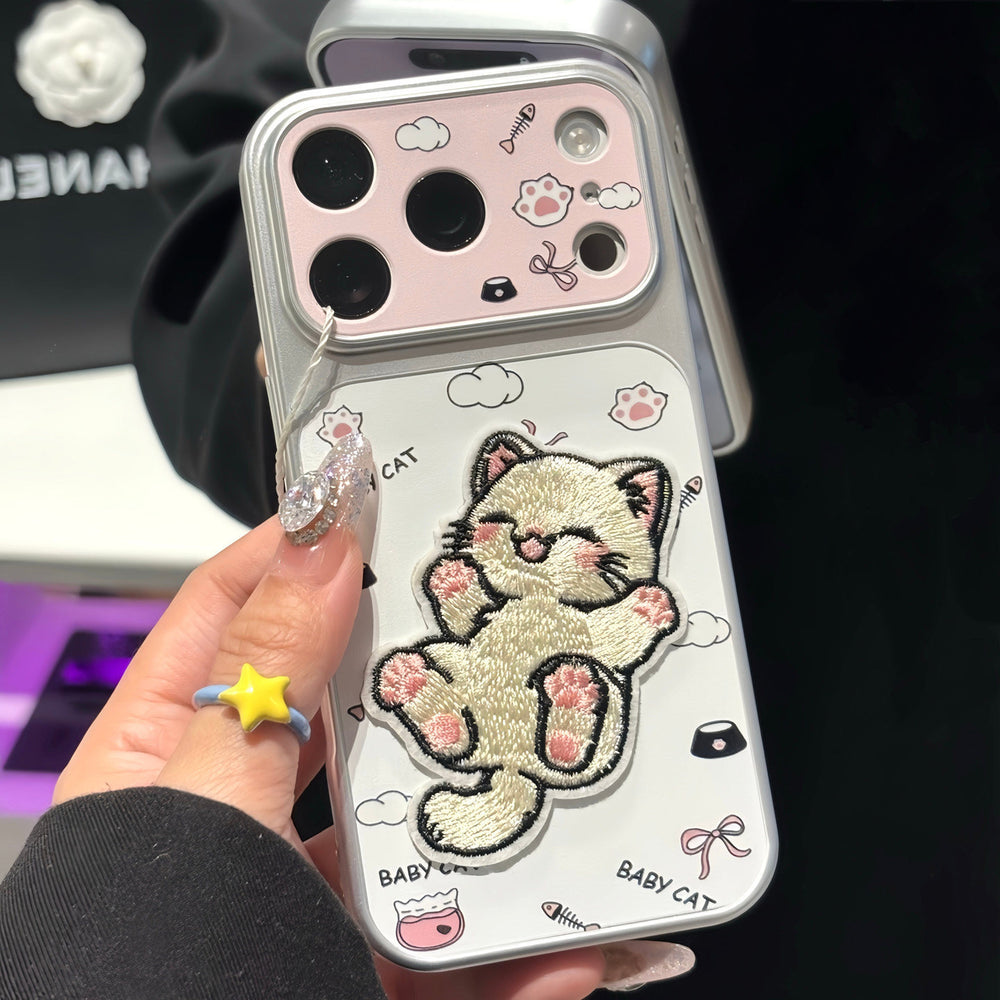 Suitable for iphone18 embroidered cat mobile phone case apple 17promax pink lens cute 16 anti-fall protective case