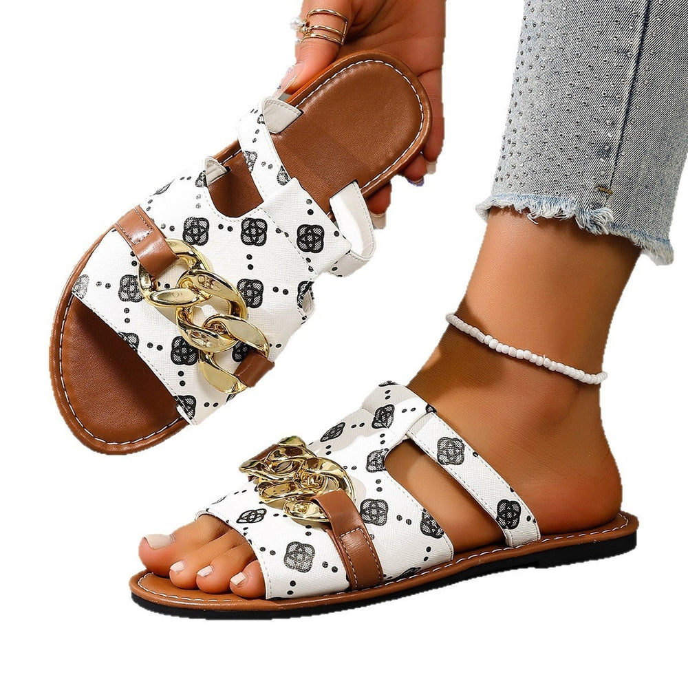 New round-toe printed flat slippers for women,  new cross-border export plus size peep-toe chain buckle slippers