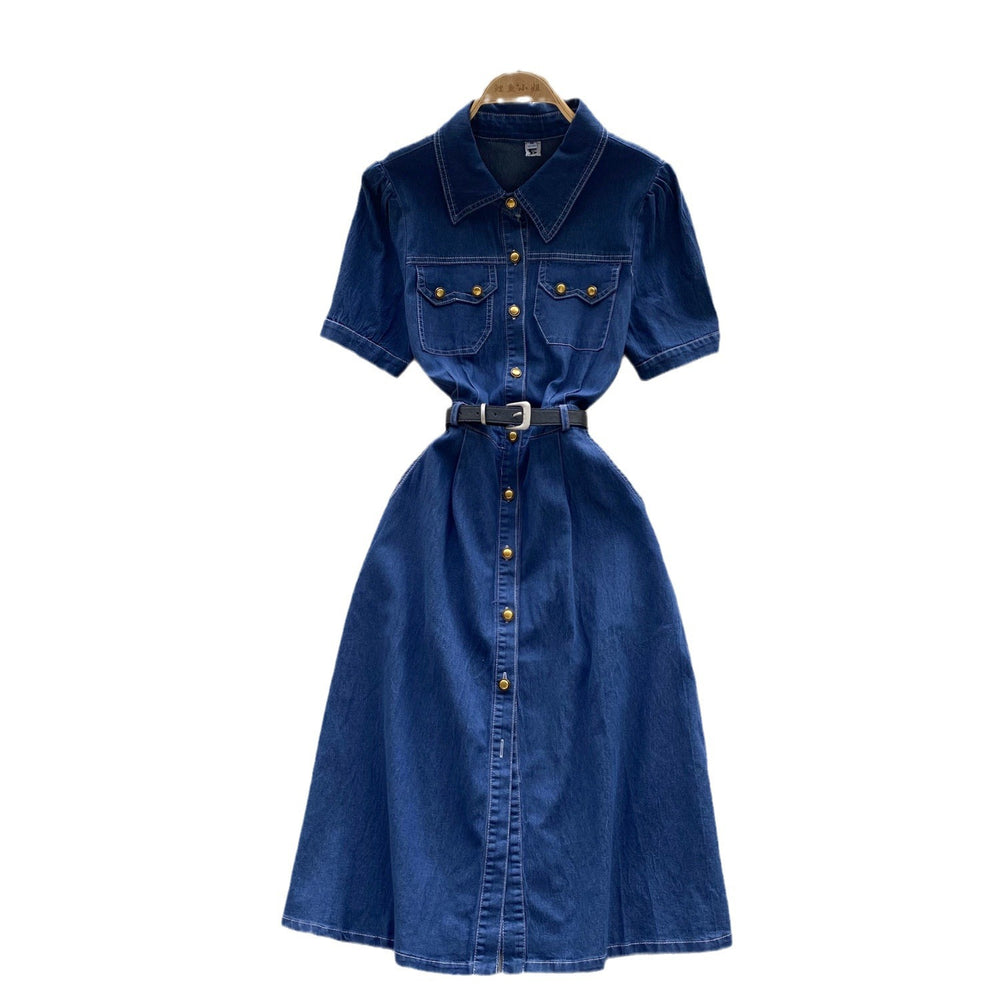 Women's summer commute fashion retro polo collar short sleeve metal single-breasted belted waist slimming denim dress