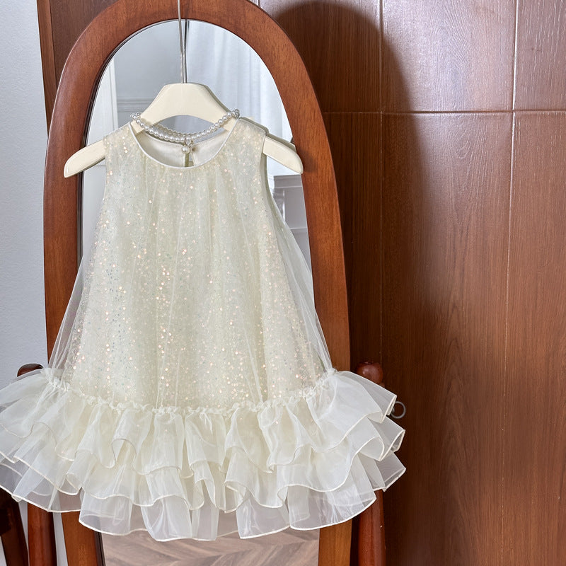 Girls' princess dress summer : stylish mesh sequin birthday dress for baby girls, fairy tale gown