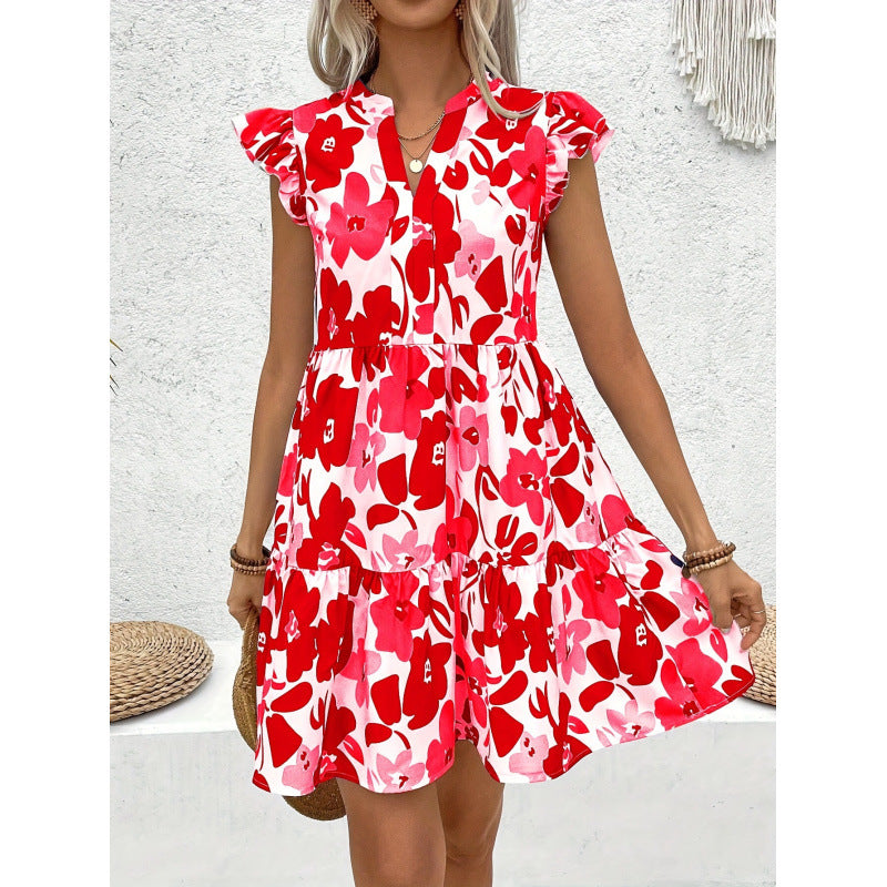 code new arrival  original women's holiday style floralsprintingv neckloose doll dress
