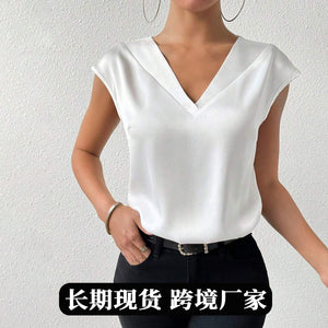 Amazon cross-border spring and summer new arrival satin shirt for women fashionexport party v neckcasual short-sleeved satin shirt
