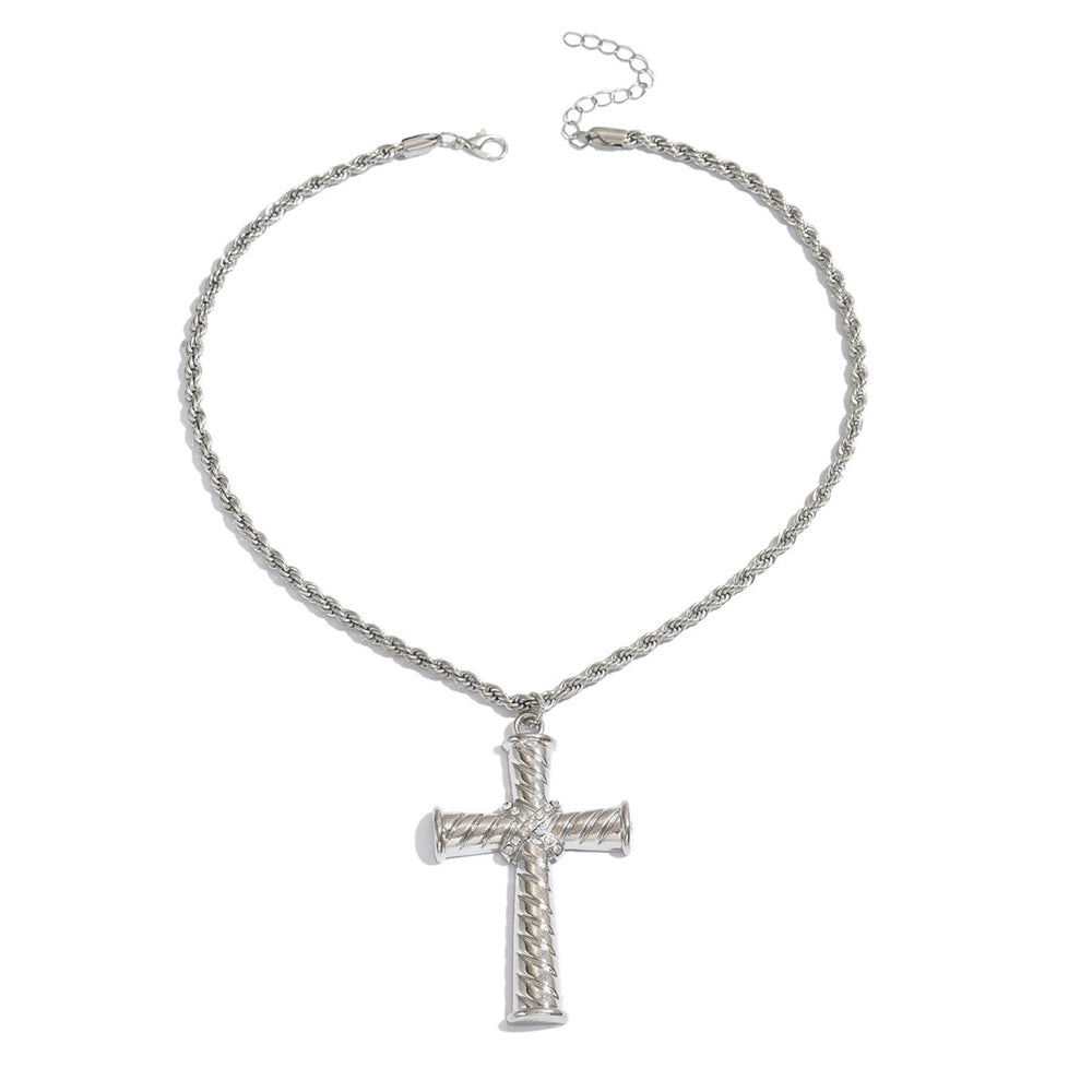 European and american cross-border fashion minimalist ribbed rotating cross necklace, personalized diamond-studded versatile twisted chunky chain choker