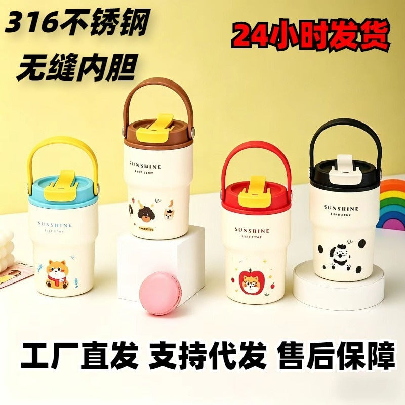 Portable dual-drink coffee mug, cartoon design, 316 stainless steel vacuum insulated tumbler with tea infuser, outdoor travel mug