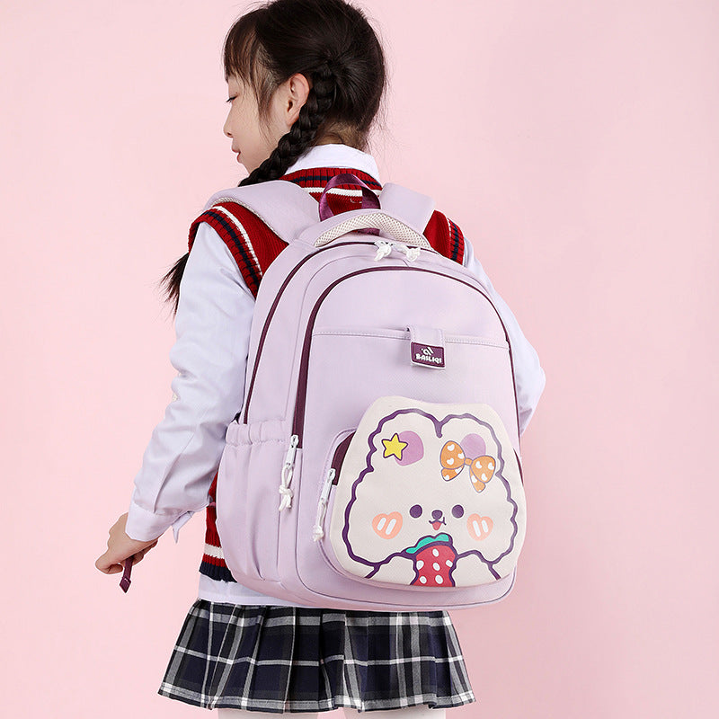 Elementary school backpack - cute cartoon rabbit design, multiple pockets, easy to clean, shape-retaining, dopamine color scheme, water-resistant backpack