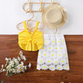 Girls' summer  new collection: pure cotton square neck candy-colored chic short-sleeve sunflower print bodycon skirt two-piece set