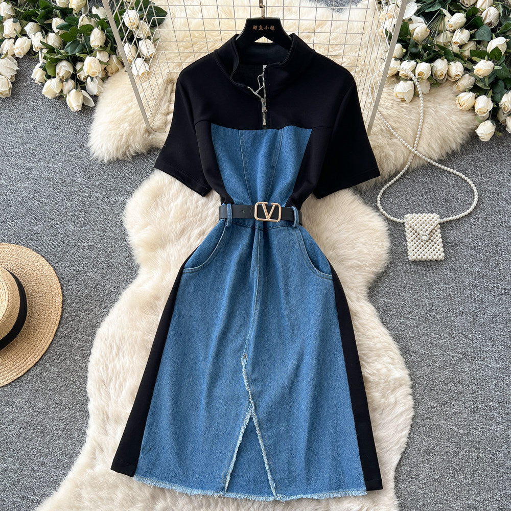 Korean style faux two-piece denim patchwork slit dress - women's summer short sleeve v-neck slimming a-line dress