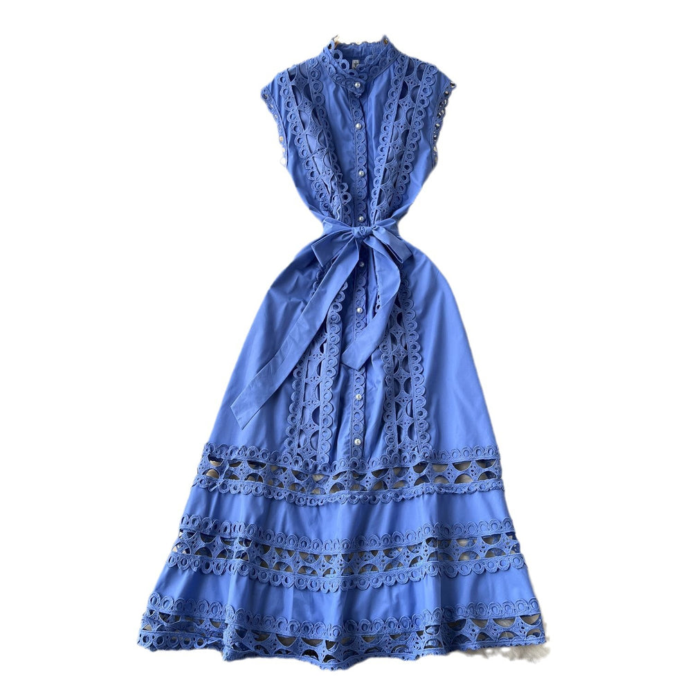 Frenchretro stand collar cut outlacepatchwork pearl single breasted waist slimming look long large swing dress for women