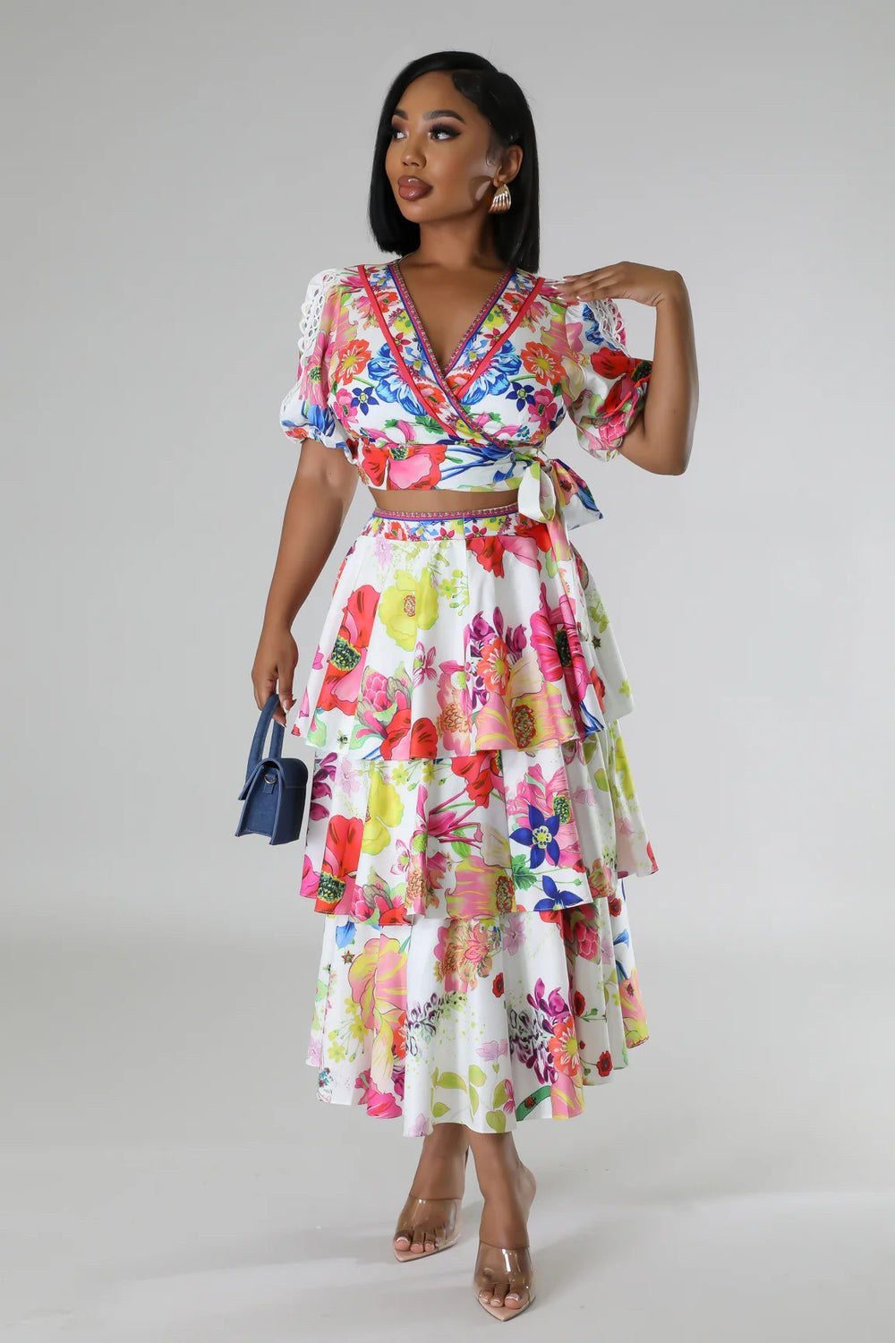 European and american cross-border women's fashion:  summer new arrival - short sleeve v-neck tie-up top and high-waisted printed midi skirt two-piece set