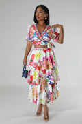 European and american cross-border women's fashion:  summer new arrival - short sleeve v-neck tie-up top and high-waisted printed midi skirt two-piece set