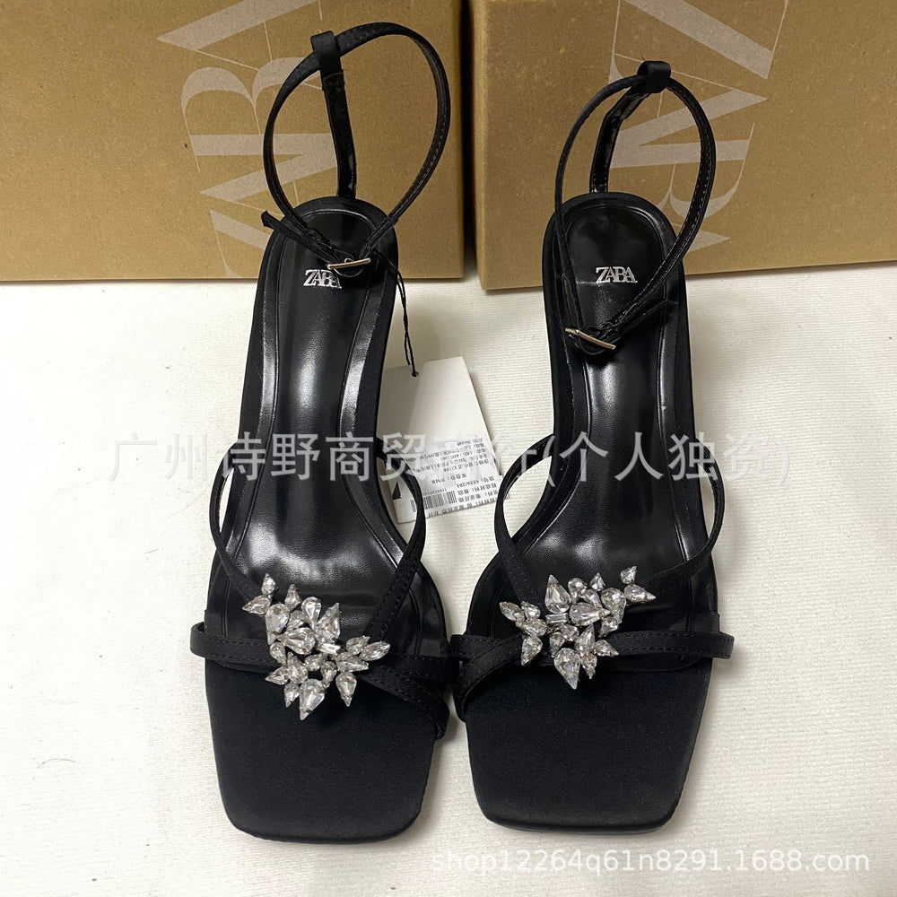Zr2024 summer new women's shoes black rhinestone-embellished thong sandals with square toe and stiletto heel