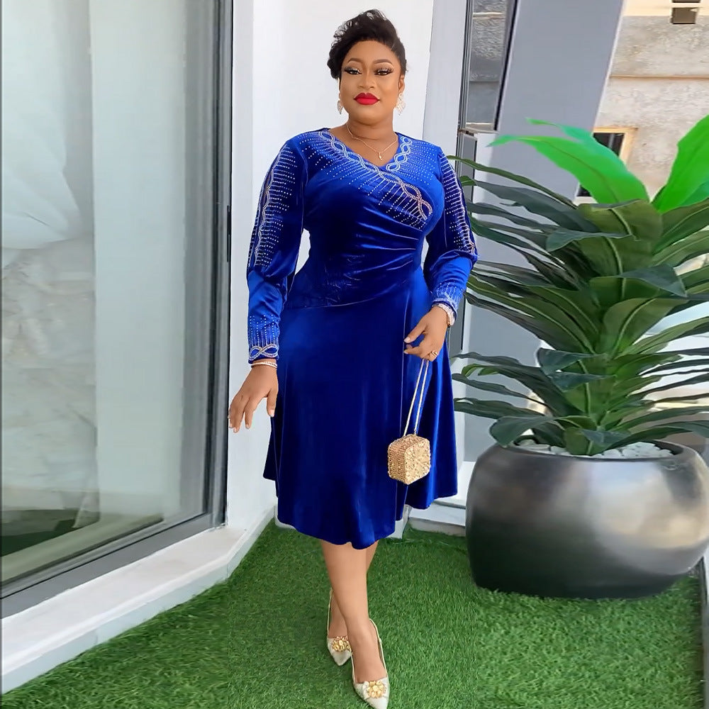 Aliexpress african plus size  autumn/winter new european and american cross-border elegant evening gown rhinestone velvet dress