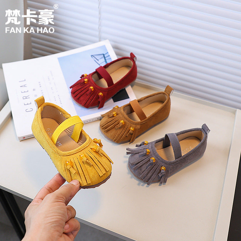Vancahao girls' slip-on soft sole flats -  autumn new korean style kids' loafers with tassel leather shoes