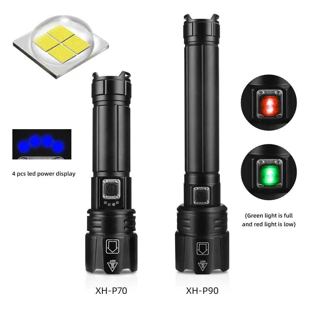Cross-border new XHP70 strong light flashlight USB charging outdoor zoom remote radiation power display LED flashlight
