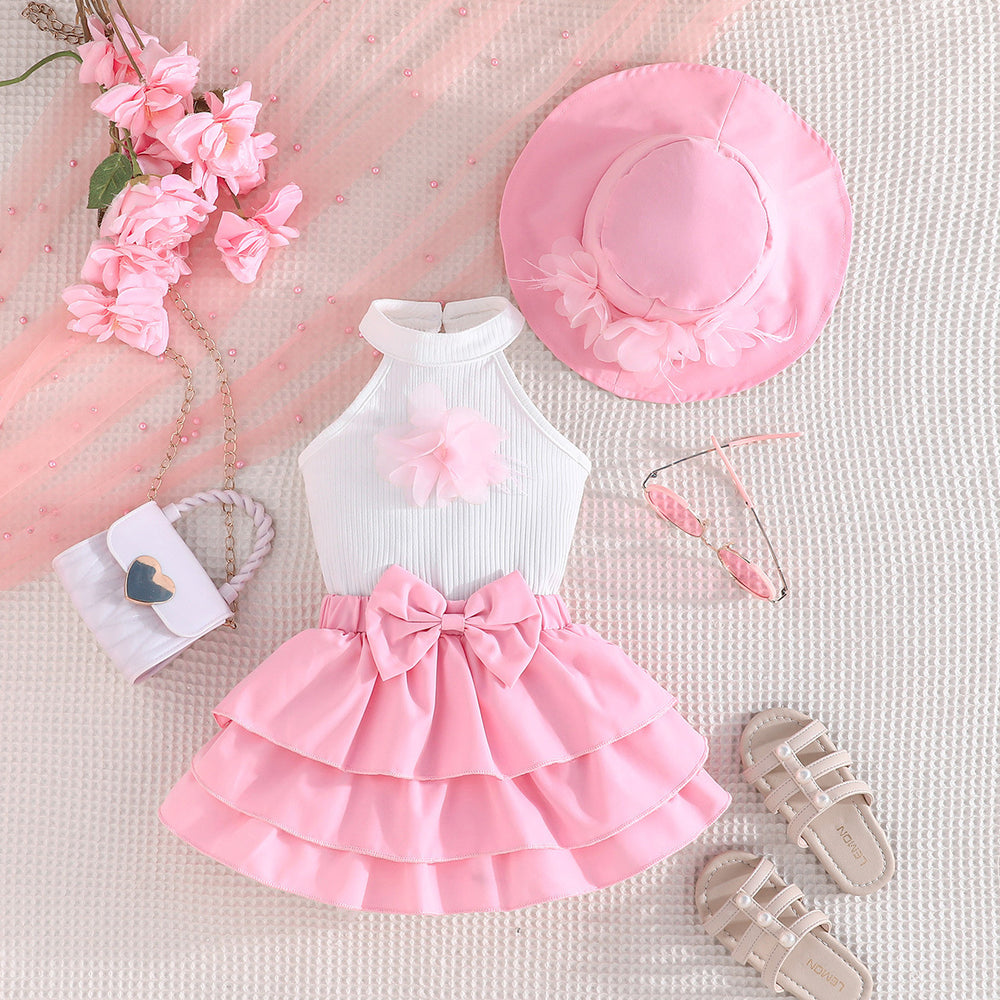 new european and american style girls' sleeveless solid color top with floral cake skirt and hat three-piece set