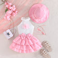 new european and american style girls' sleeveless solid color top with floral cake skirt and hat three-piece set