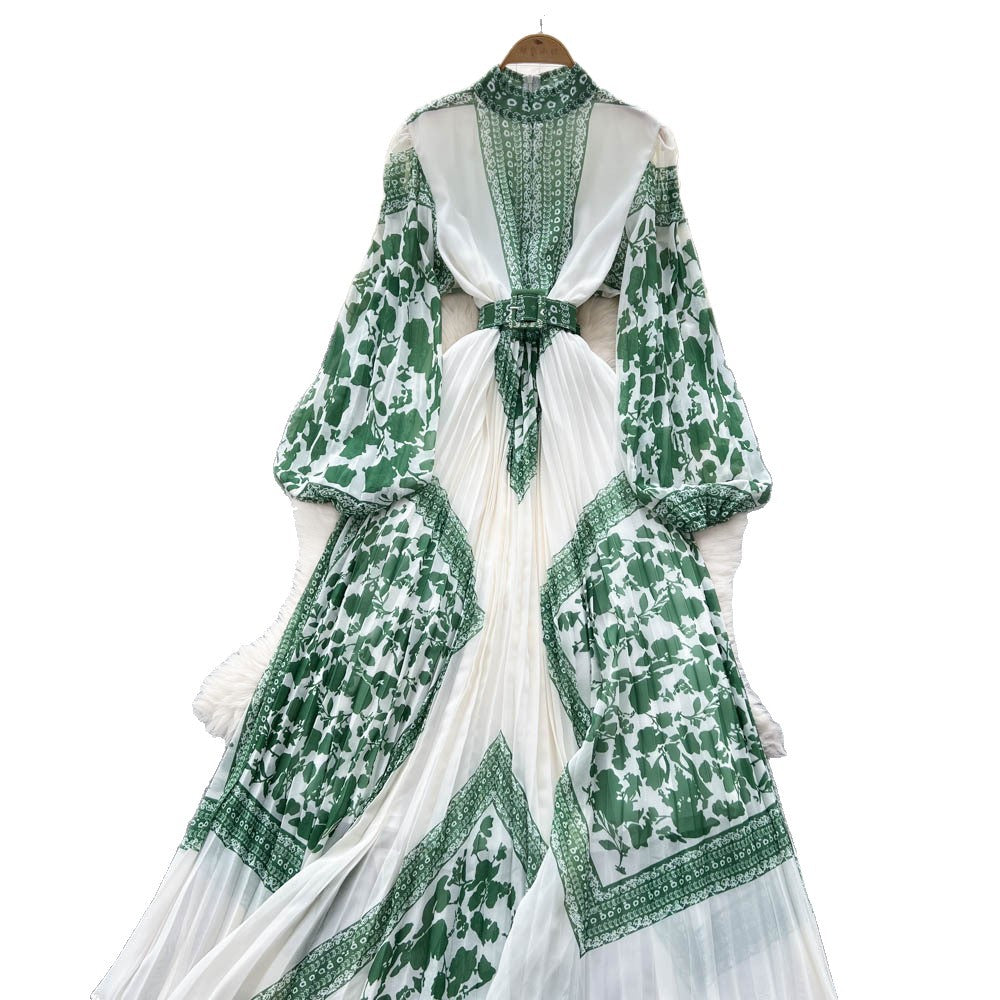 High-end elegant women's dress  new french style tie-waist lantern sleeve placement print pleated maxi dress
