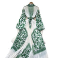 High-end elegant women's dress  new french style tie-waist lantern sleeve placement print pleated maxi dress