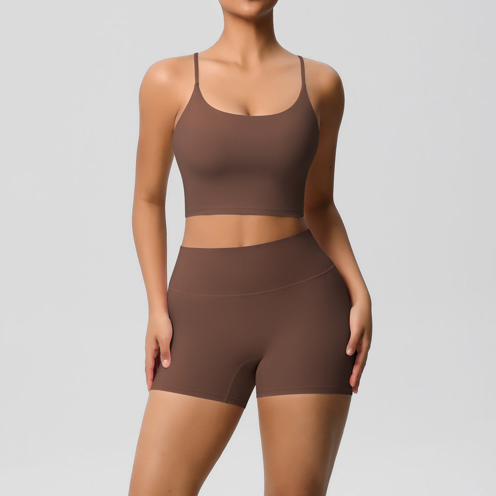 New arrival: cross-border brushed solid color racerback compression breathable yoga set - women's activewear running & fitness shorts set