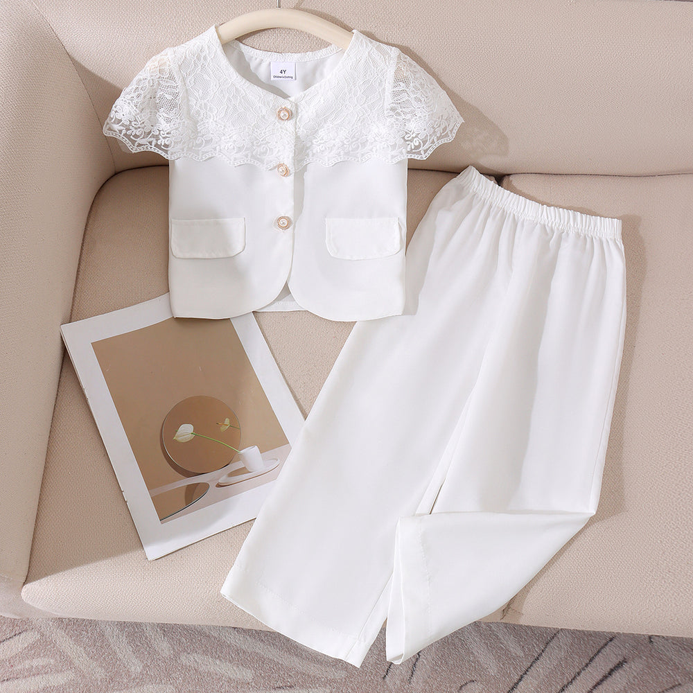 Children's clothing shein cross-border girl suitwhitetops+pantstwo-piece set