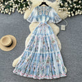 French riviera style printed short-sleeve pleated dress - women's summer v-neck, cinched waist, tie-up maxi dress - high-end, slimming fit