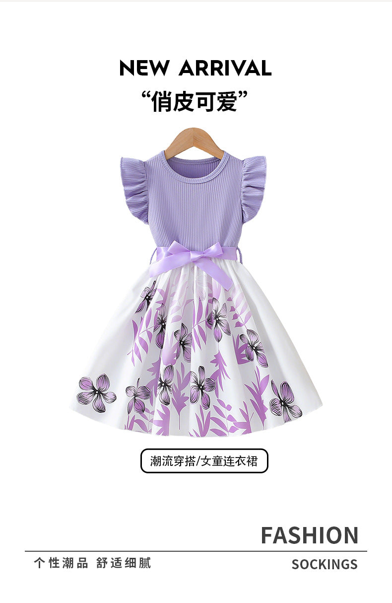 summer children's dress purple knitted flutter sleeve patchwork bowknot floral pattern girls' cute dress