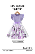 summer children's dress purple knitted flutter sleeve patchwork bowknot floral pattern girls' cute dress