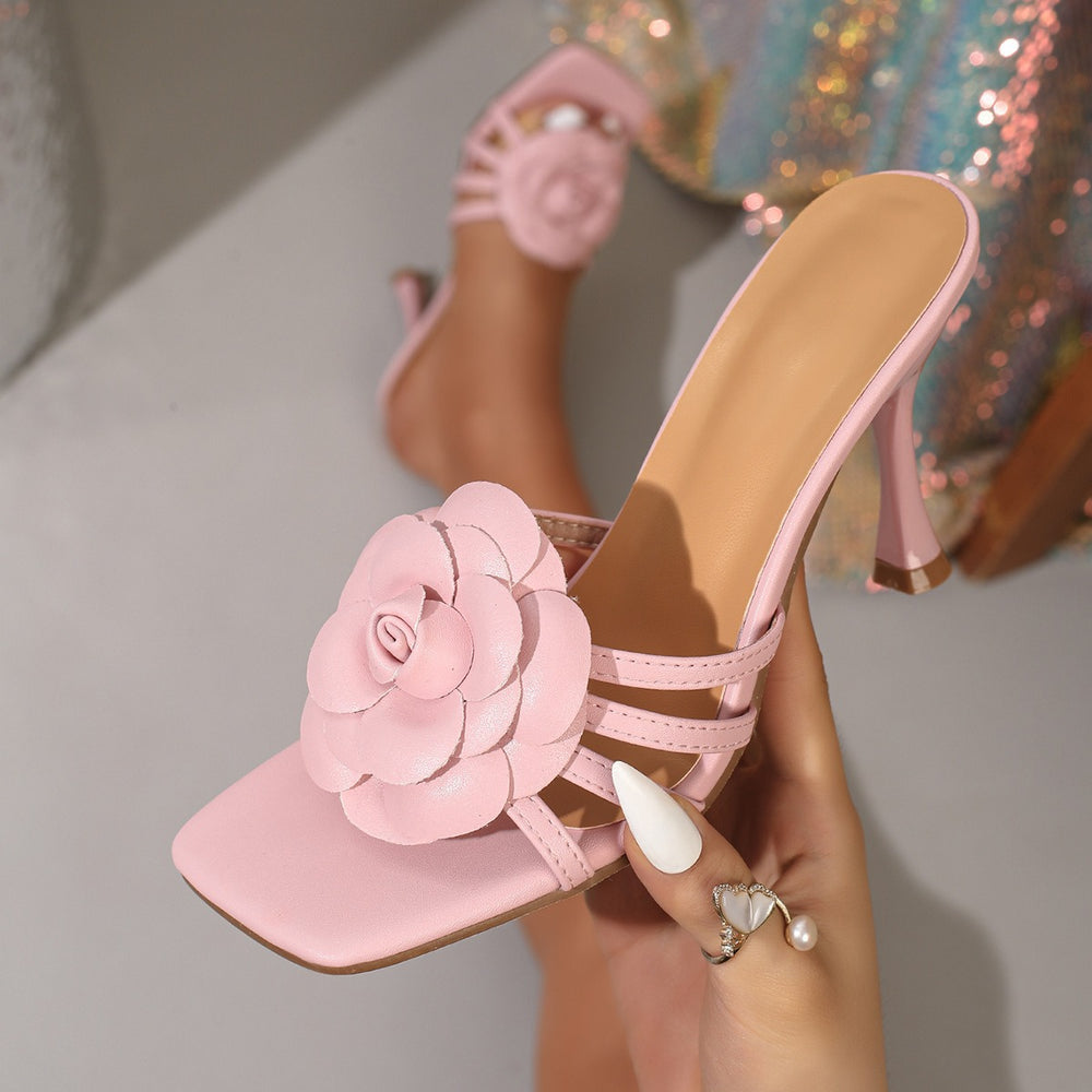 Yujie style pink rose flower high heel sandals women's stiletto heel square toe open toe fashionsweet style easiest for match sandals