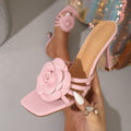Yujie style pink rose flower high heel sandals women's stiletto heel square toe open toe fashionsweet style easiest for match sandals