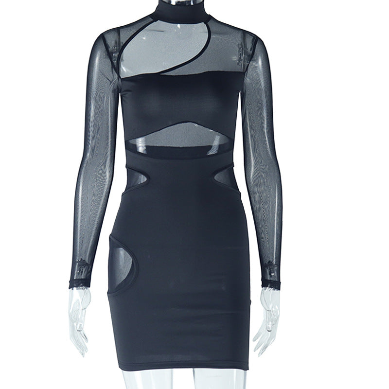 European and american style ins foreign trade women's solid color dress sexy hollow-out dress mesh patchwork bodycon dress