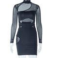 European and american style ins foreign trade women's solid color dress sexy hollow-out dress mesh patchwork bodycon dress